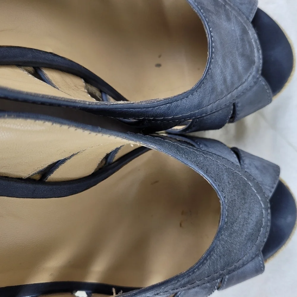 Franco Fortini denim blue leather sandals peep toe woven wedge beach boho chic 9